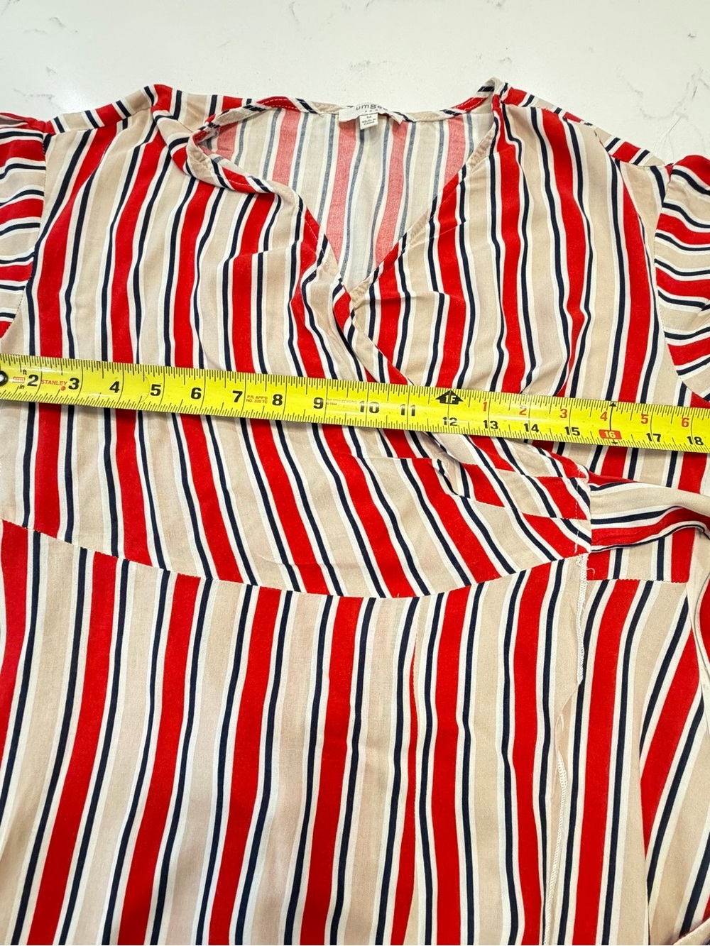 Umgee Red and Cream Striped Wrap Midi Dress with Puff Sleeves - Picture 6 of 10